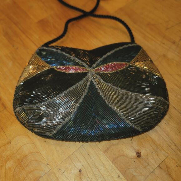 Vintage bugle glass beads 80s purse shoulder EVENING bag black gold silver blue - Picture 3 of 7